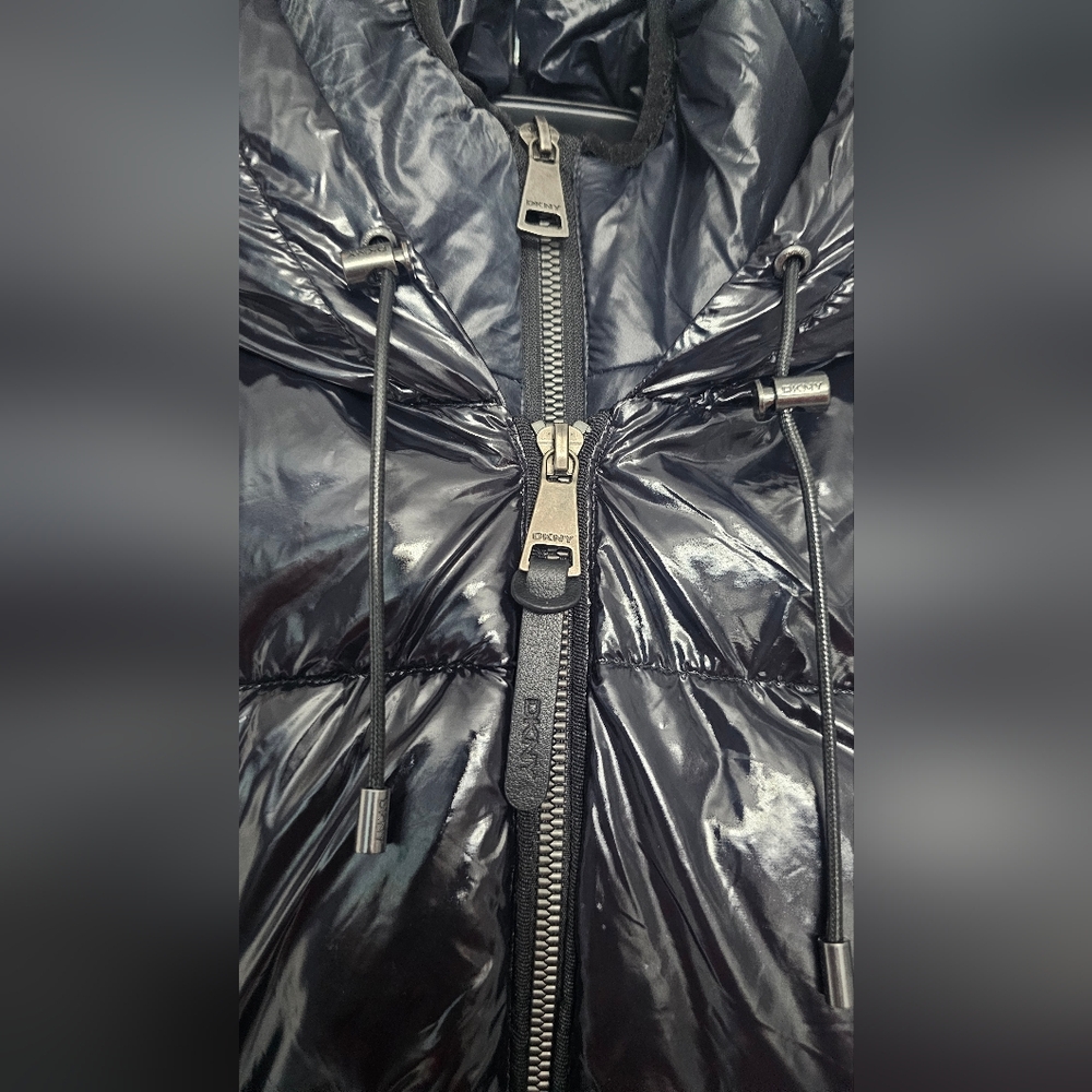 DKNY Women's Puffer Coat, specifically a style featuring a double hood and zippe - Picture 8 of 14